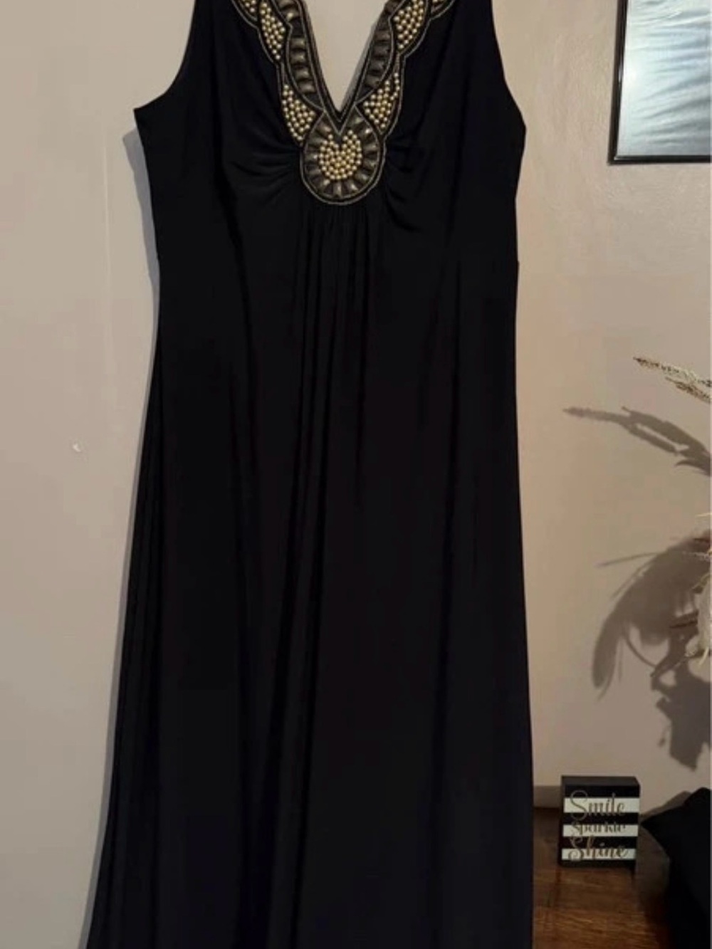 Ronni Nicole Black Maxi Dress with Gold Beaded V-Neck